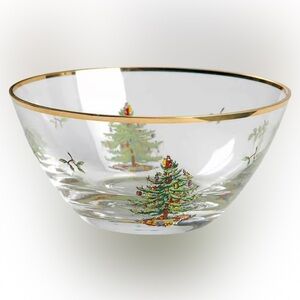 Vintage Arcoroc Spode Christmas Tree Gold Rimmed Clear Glass Serving Bowl 5.5”